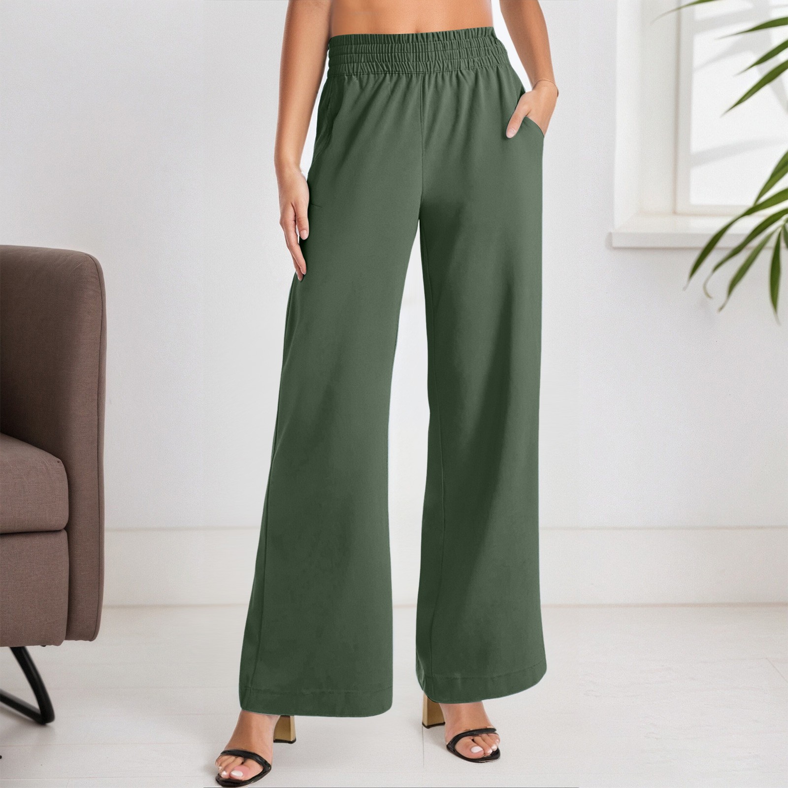 thumbnail image 2 of Pantalones casuales rectos para mujer: bolsillos laterales, para todas las estaciones, poliéster, color liso básico, tallas S-XXL, 2 of 5